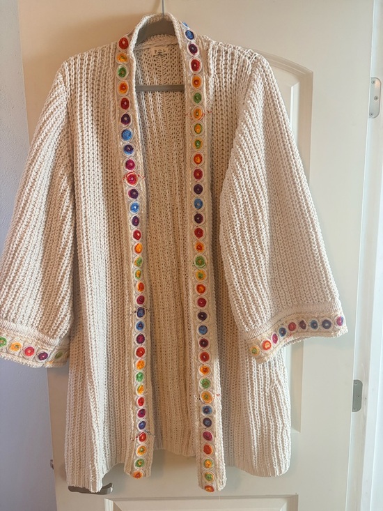 POL Sweaters - POL Cream Open Knit Cardigan with Decorative Trim